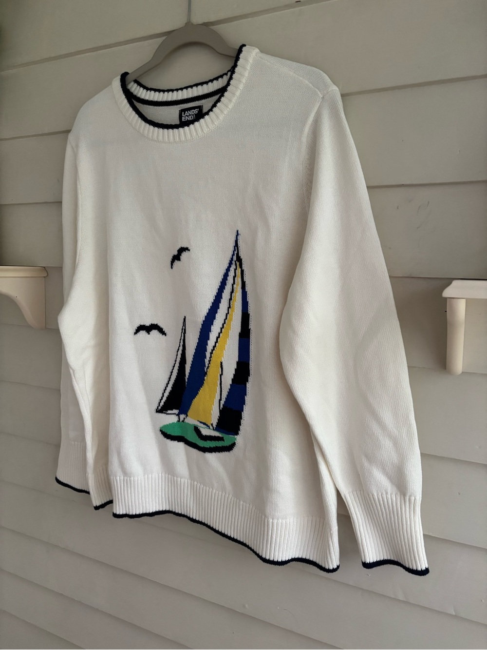 Lands' End Plus Size 2X Cotton Drifter Sailboat Crewneck Sweater Ivory NWT - Picture 11 of 12
